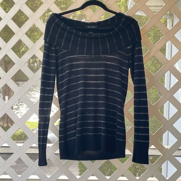 WHBM Off-the-Shoulder Black/Silver Striped Sweater - Picture 1 of 6